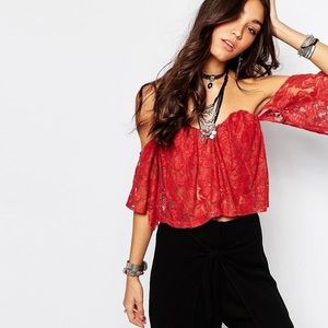 Lira red lace crop top with boning and zip up back